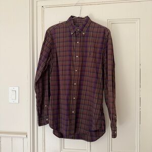 Ralph Lauren Men's Burgundy and Navy Plaid Button-Down Shirt. Size Small